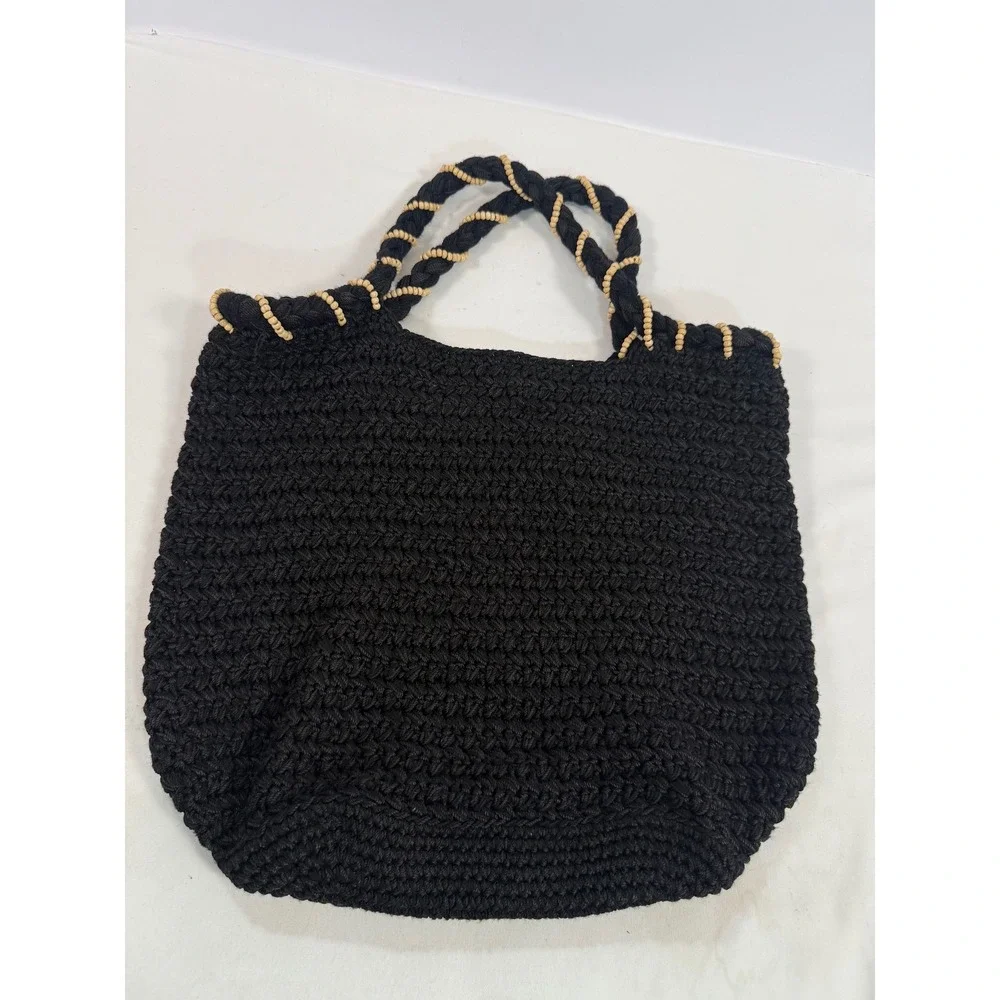 The Sak Black Crochet Hobo Bag Wood Beaded Braided Straps Boho Shoulder Bag